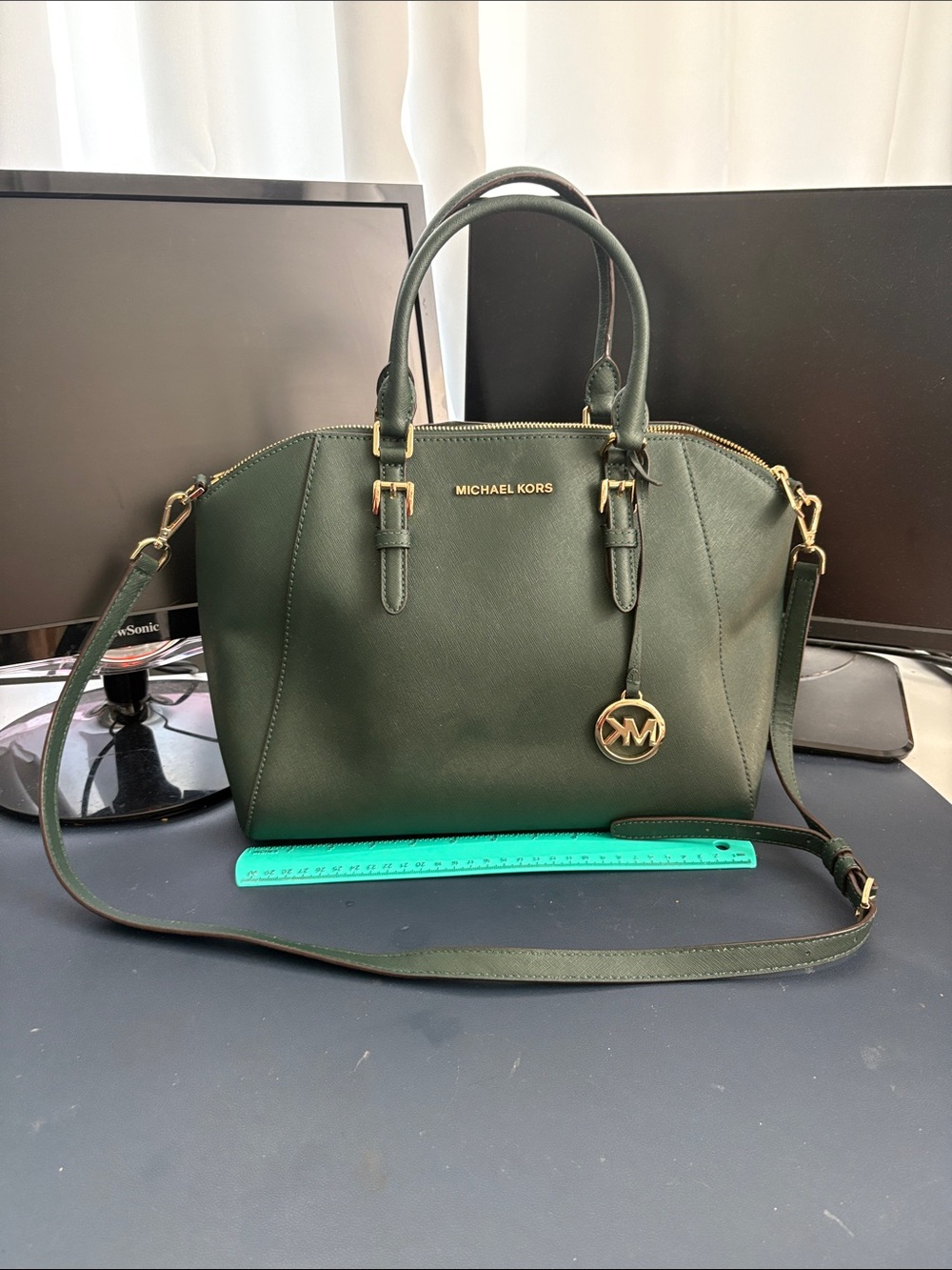 Michael Kors Dark Green Saffiano Leather Satchel with Gold Hardware